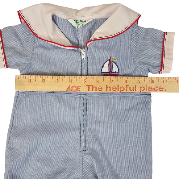 VTG Tiny Tots Original Light Blue/White Striped 3-6M Baby Romper/Jumpsuit + Hat - Picture 8 of 15
